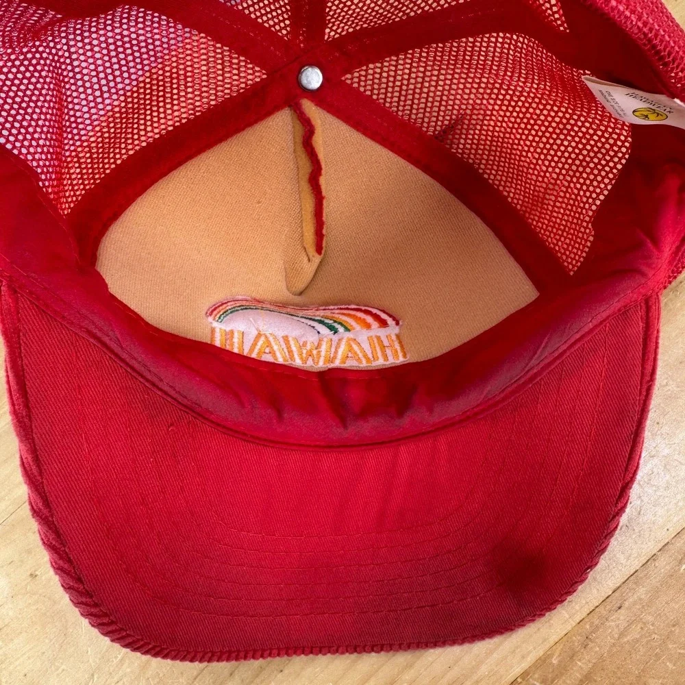 Vintage 1980's Hawaii Rainbow Corduroy Mesh Trucker Snapback Hat Red Hawaiian